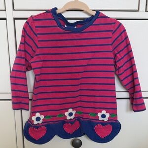 Florence Eiseman Pink & Navy Striped Long Sleeve Top with Heart and Flower Hem